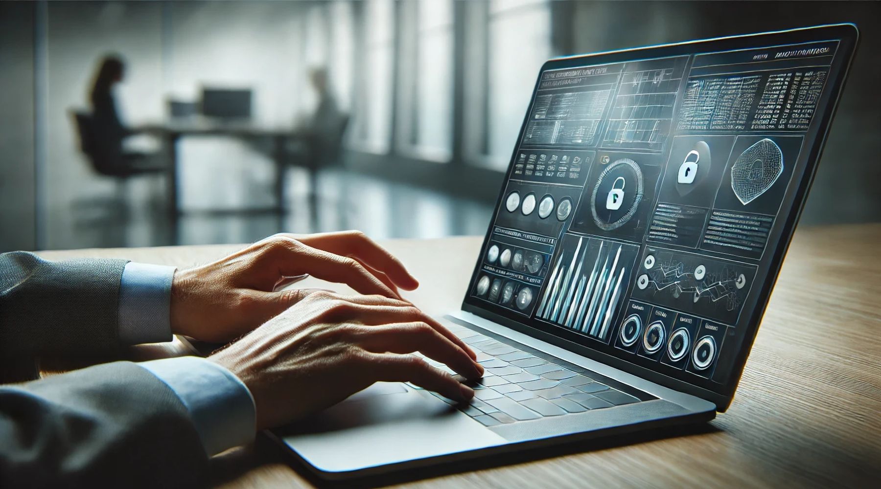 A realistic and professional image in landscape orientation showing a close-up of a person's hands typing on a sleek laptop in a modern office setting